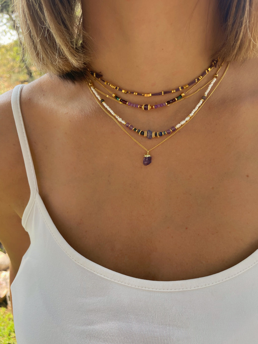 Collar yo soy amor con turquesa, rubi rosa, amazonita y flourita