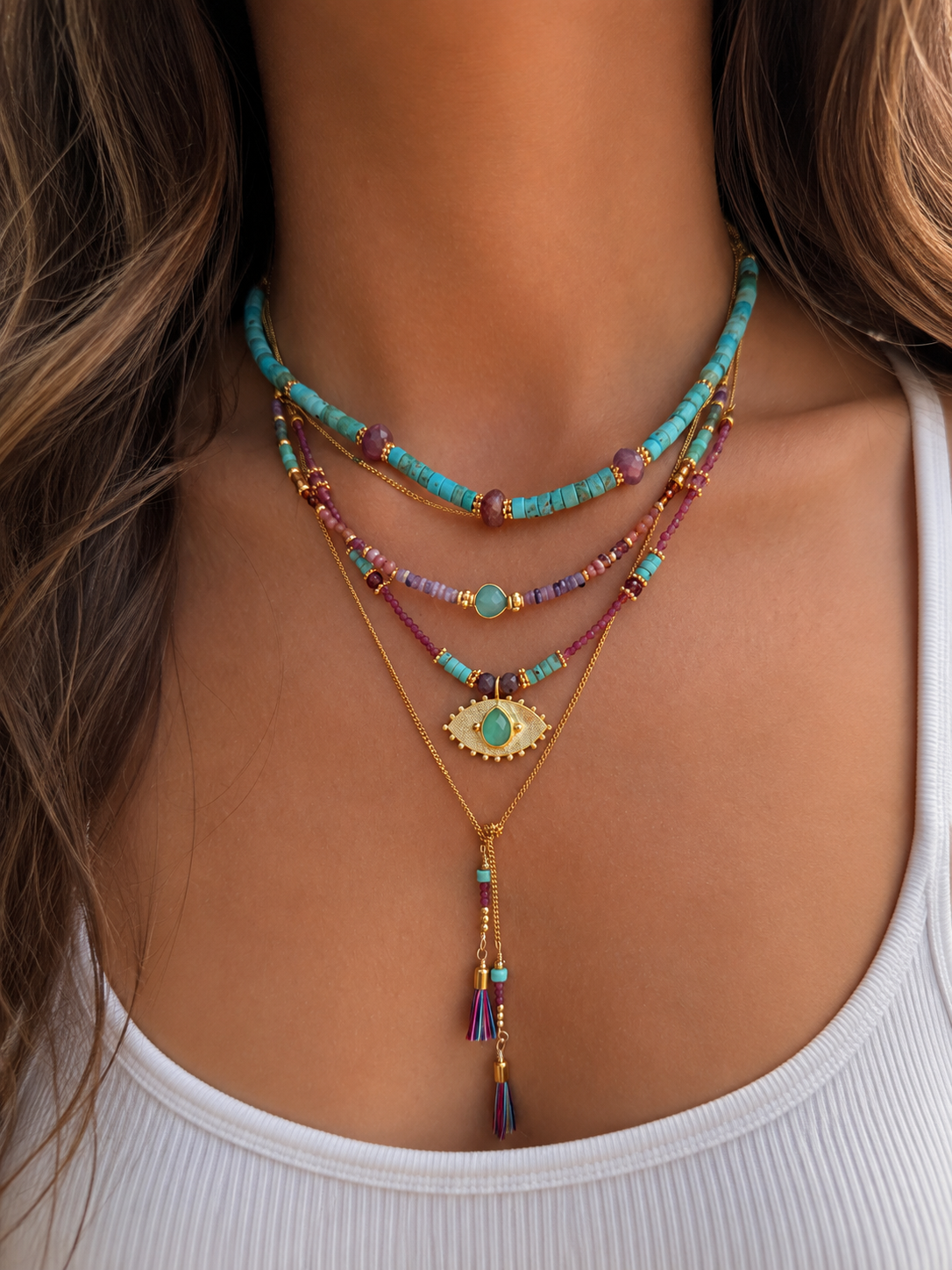 Collar Versatility con 🧿 de Crisoprasa rubi y turquesa