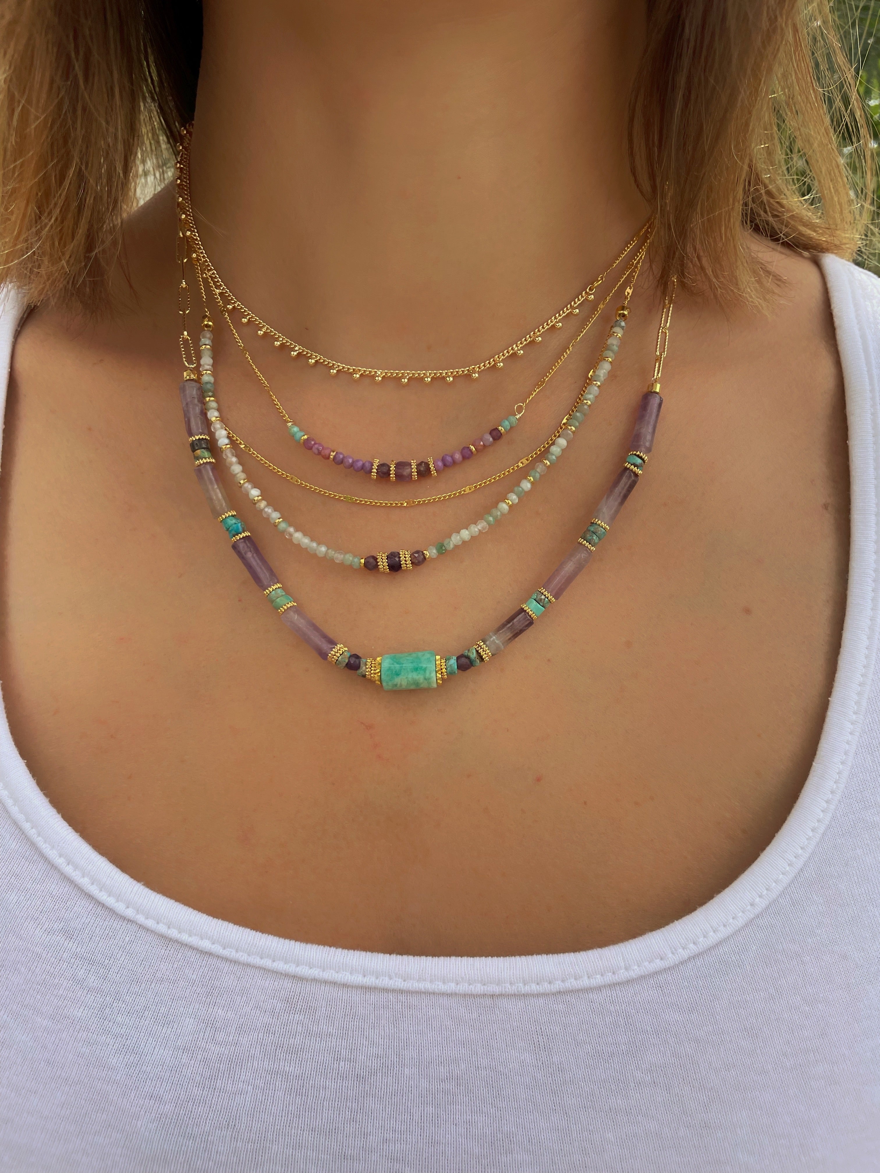 Collar yo soy amor con turquesa, rubi rosa, amazonita y flourita