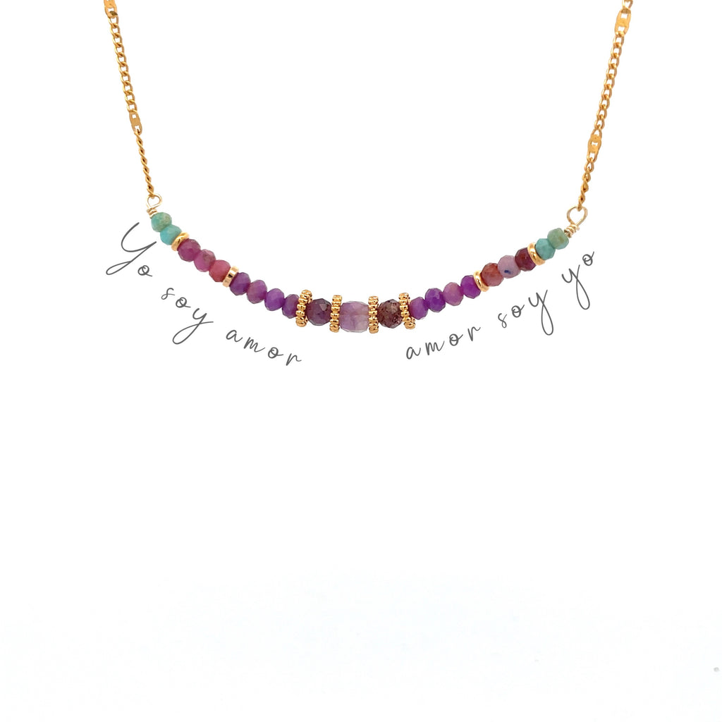 Collar yo soy amor con turquesa, rubi rosa, amazonita y flourita