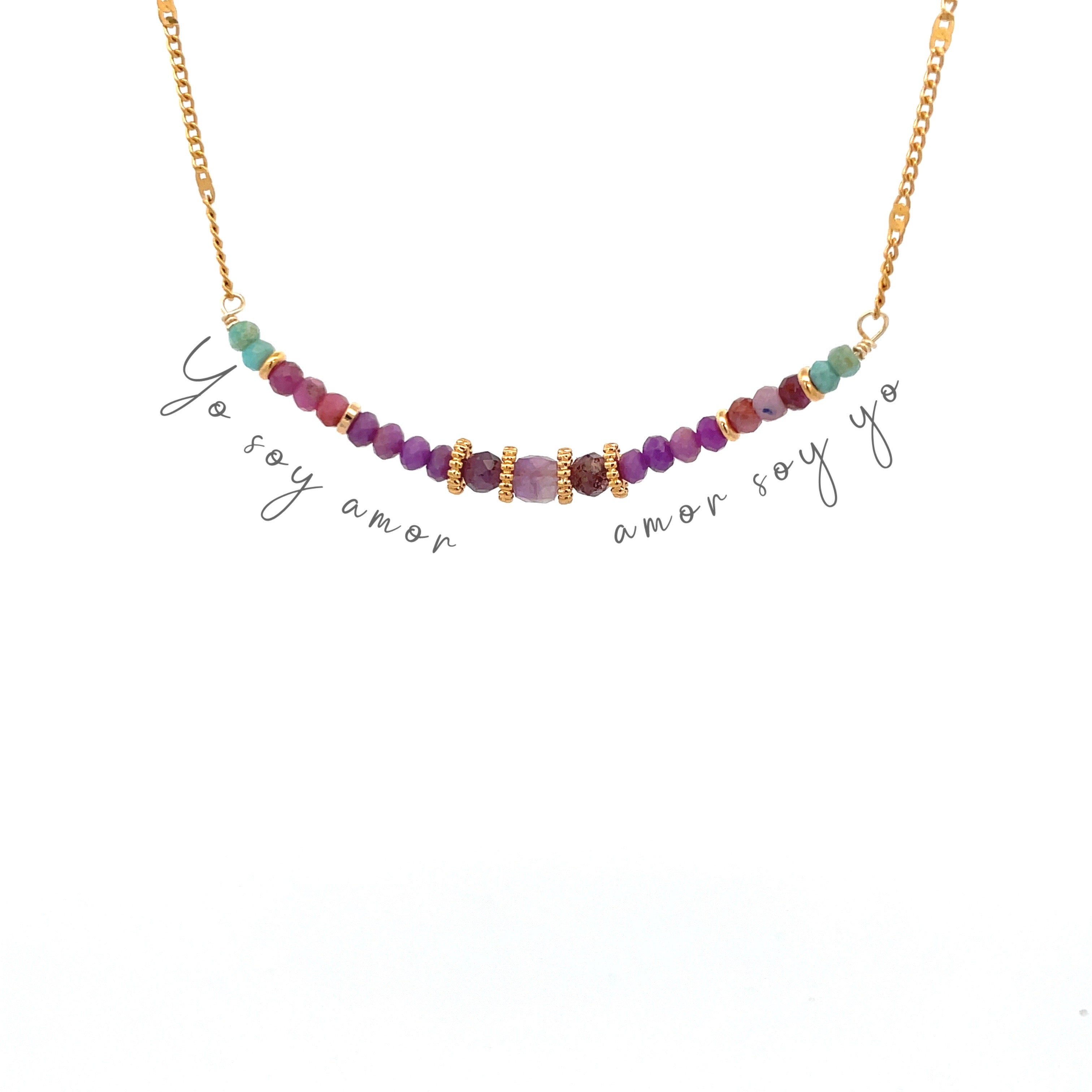 Collar yo soy amor con turquesa, rubi rosa, amazonita y flourita