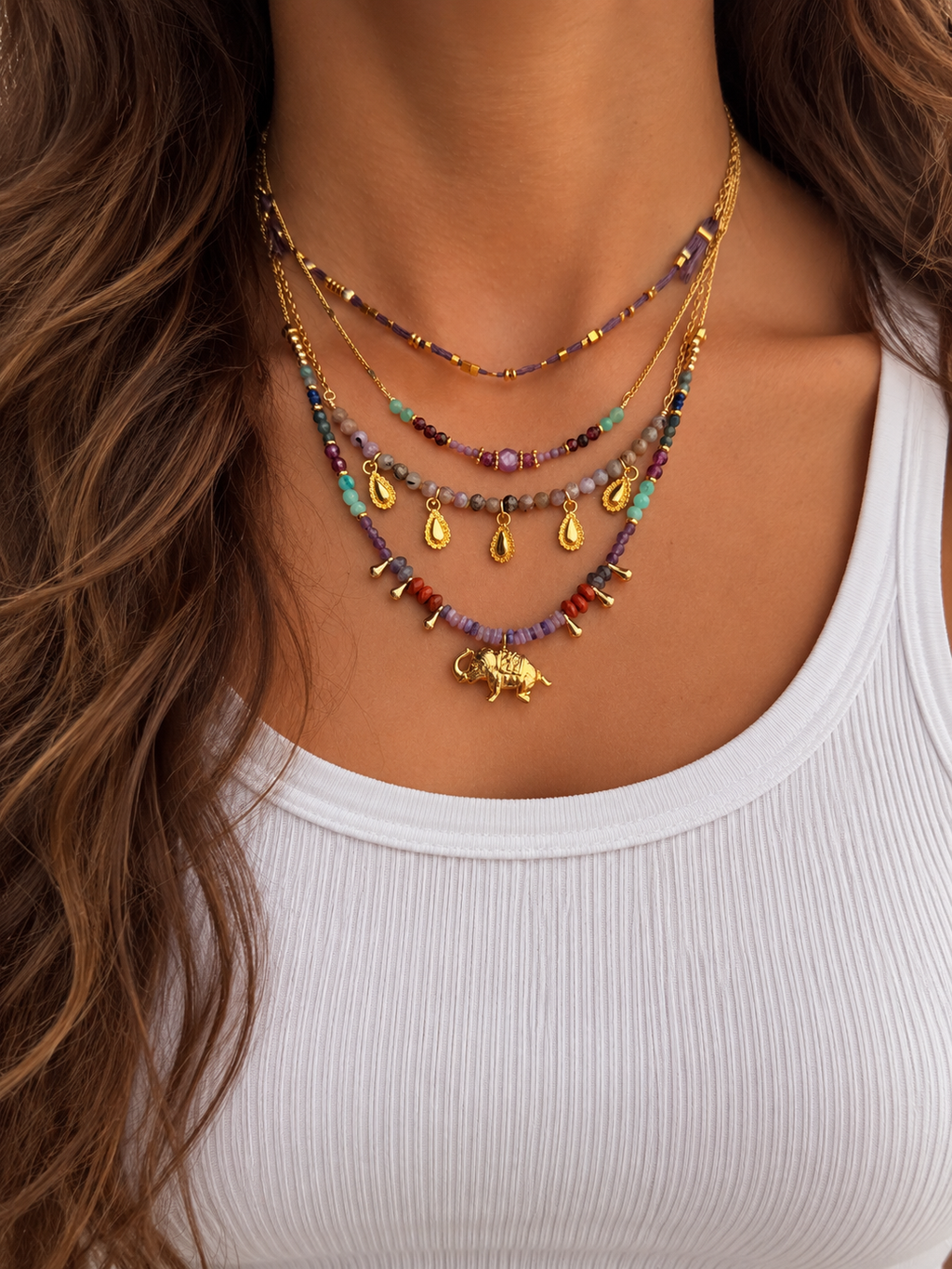 Collar Decretos y afirmaciones multipiedras con 🐘 al centro