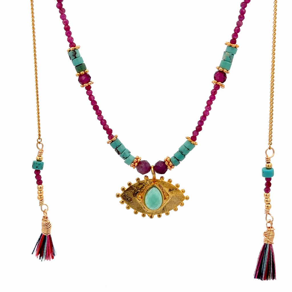 Collar Versatility con 🧿 de Crisoprasa rubi y turquesa