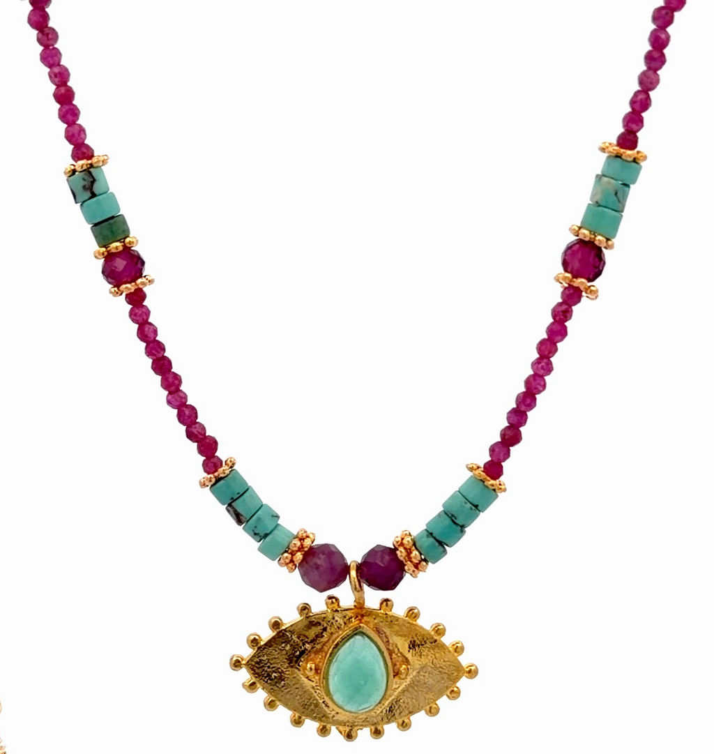 Collar Versatility con 🧿 de Crisoprasa rubi y turquesa