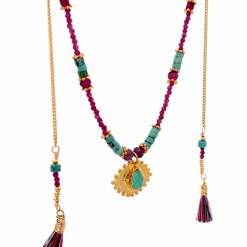 Collar Versatility con 🧿 de Crisoprasa rubi y turquesa