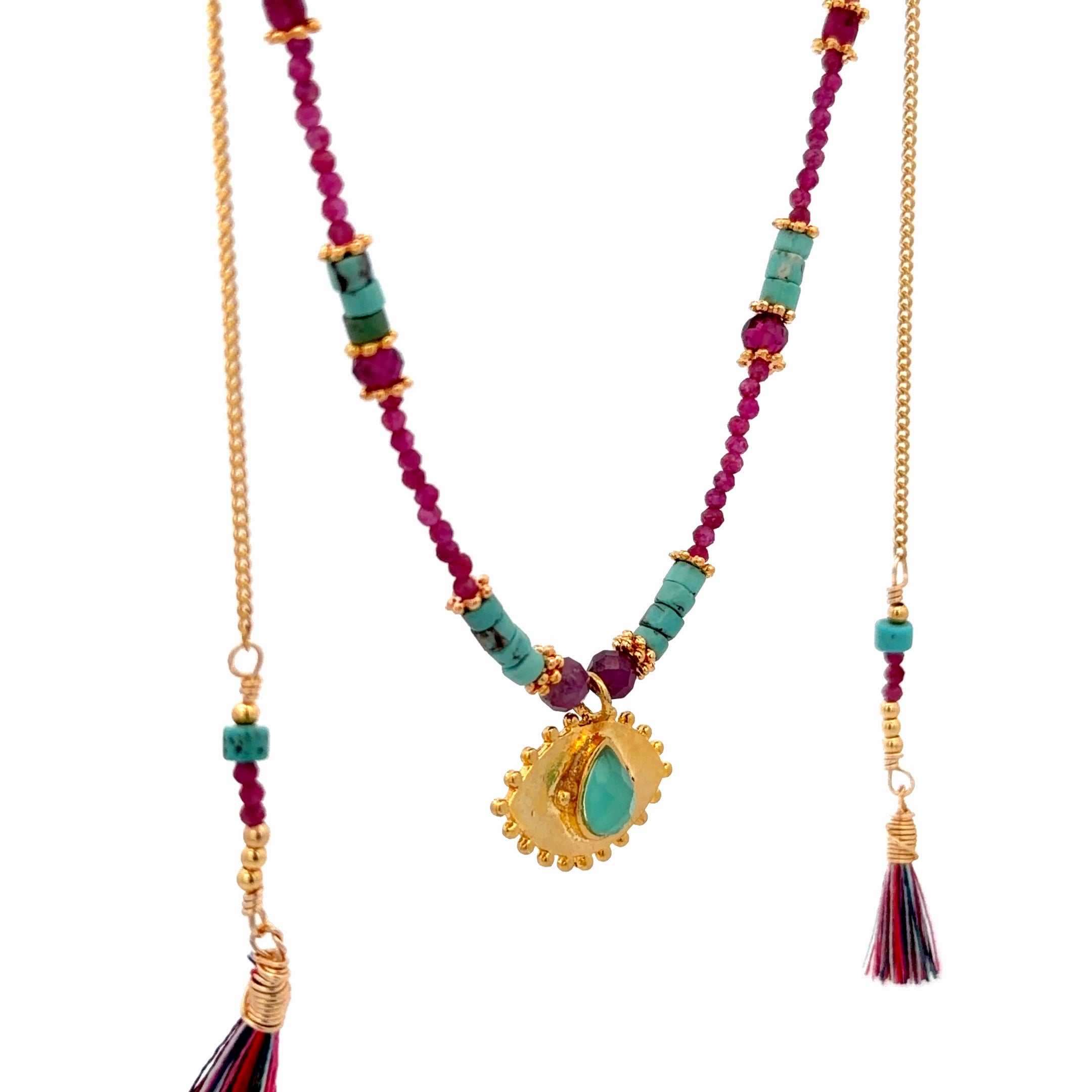 Collar Versatility con 🧿 de Crisoprasa rubi y turquesa