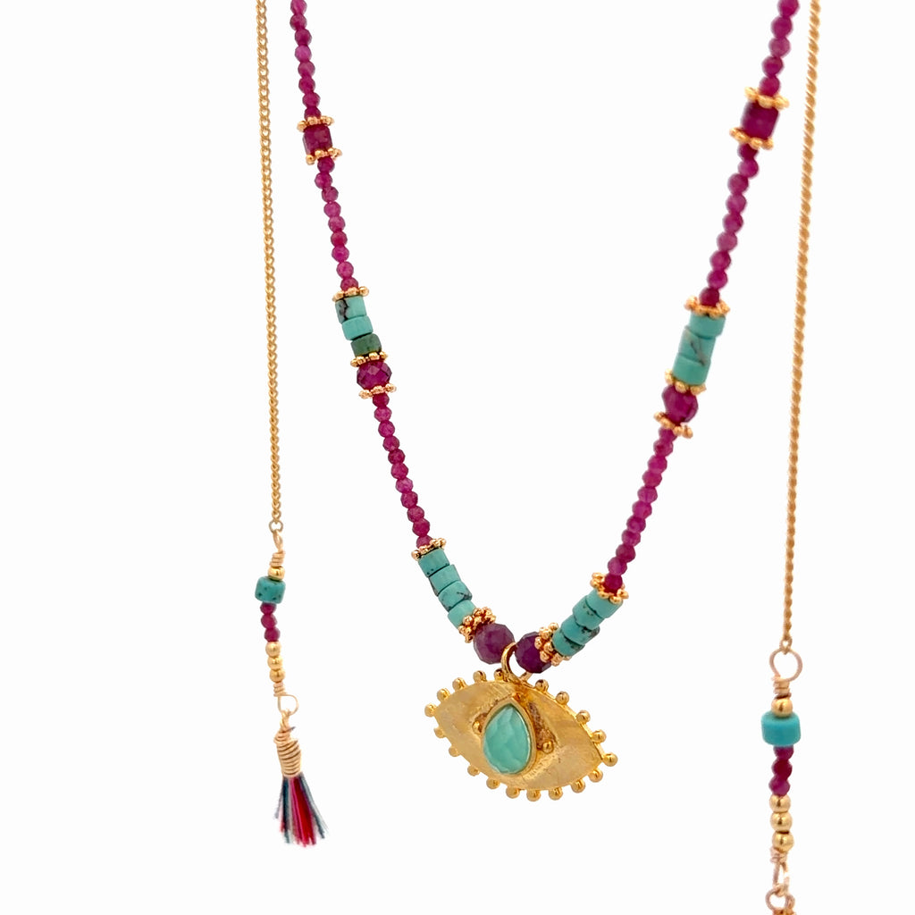Collar Versatility con 🧿 de Crisoprasa rubi y turquesa