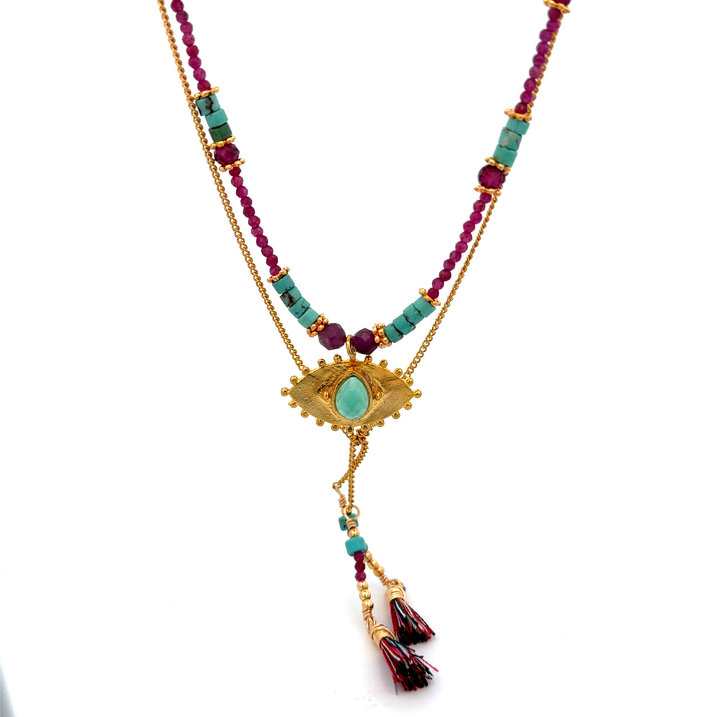 Collar Versatility con 🧿 de Crisoprasa rubi y turquesa