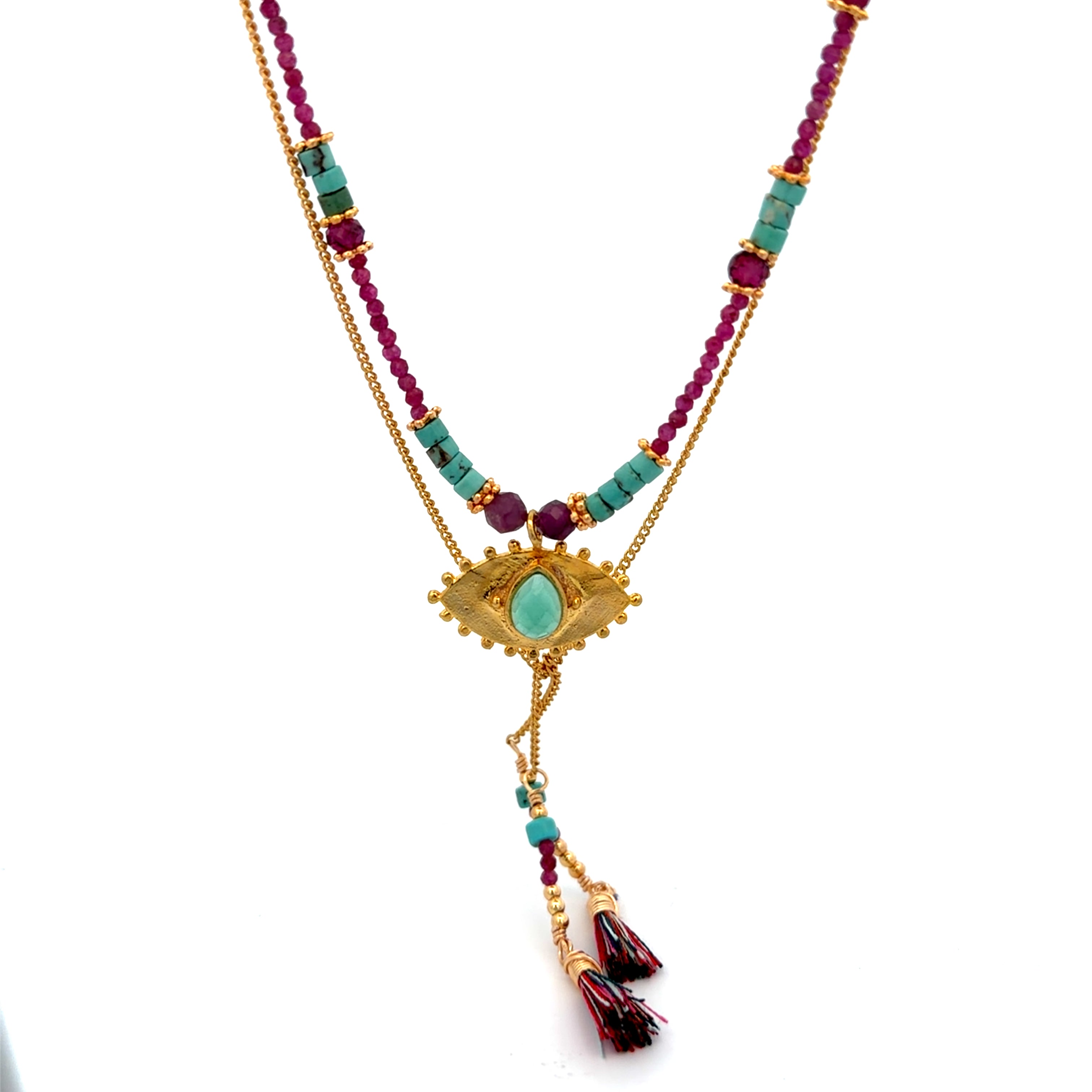 Collar Versatility con 🧿 de Crisoprasa rubi y turquesa