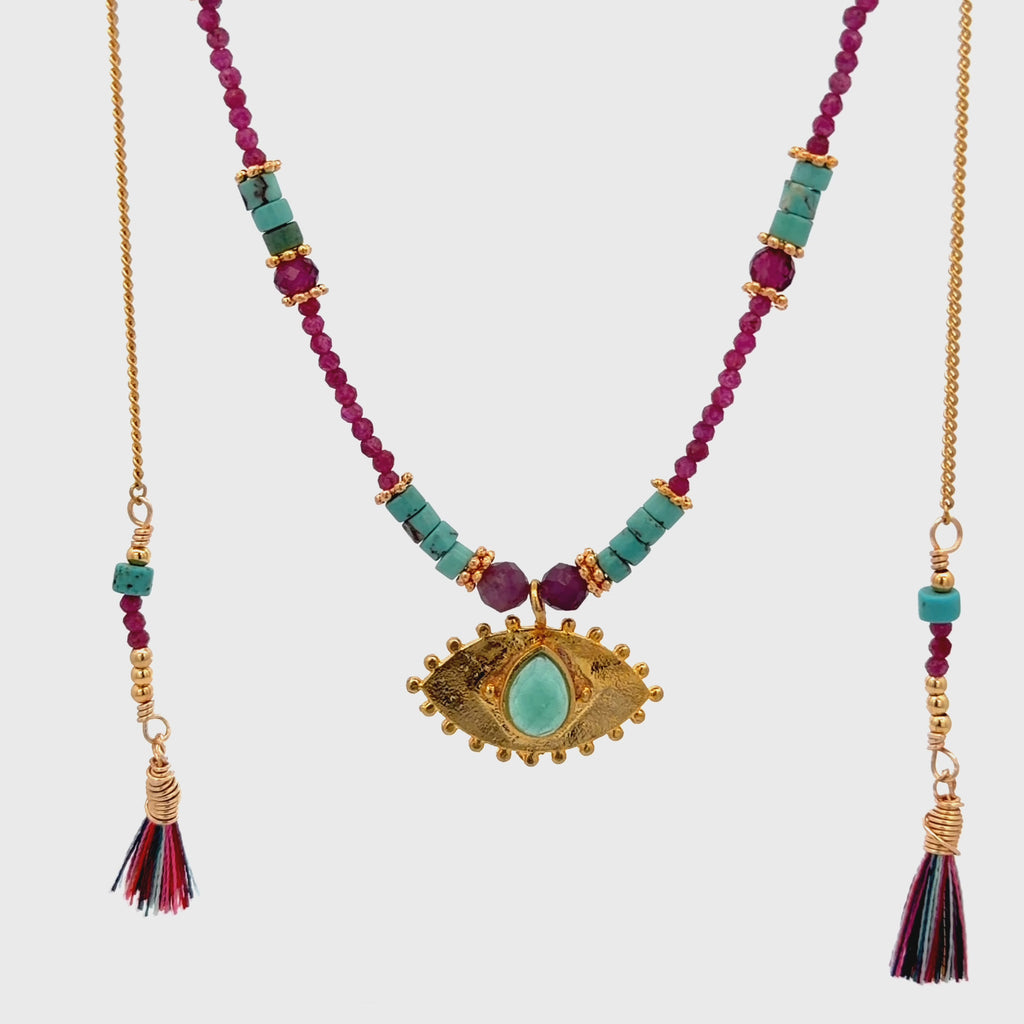 Collar Versatility con 🧿 de Crisoprasa rubi y turquesa